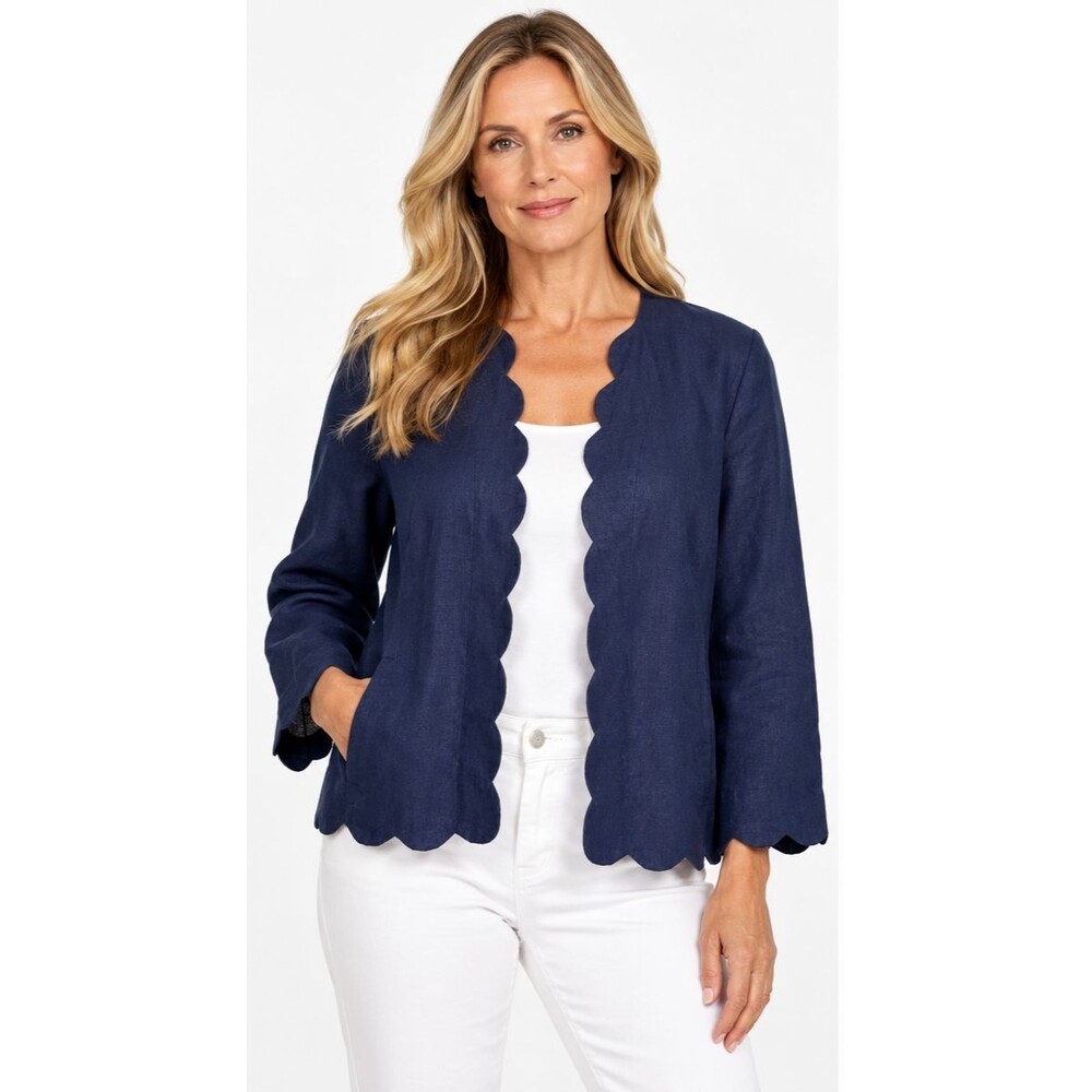 Chico’s Size 4/XXL Navy Blue Linen Scallop Edge Jacket NWT $139.50